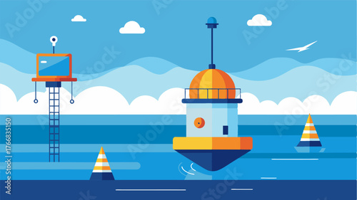 A hightech buoy that automatically regulates water quality parameters such as temperature and salinity in a aquaculture facility by responding to changing weather conditions.. Vector illustration