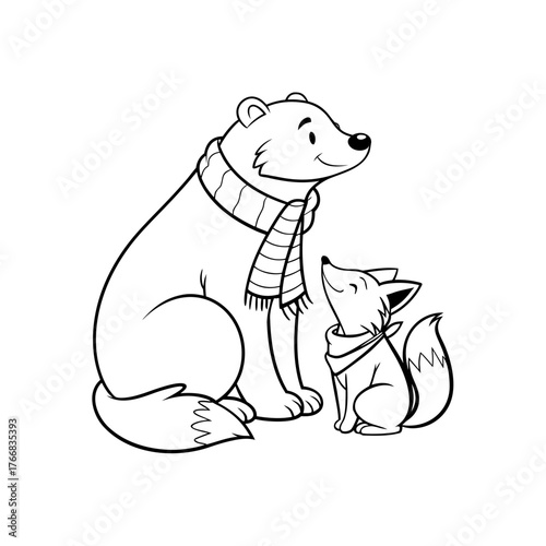 High-Quality Cute Outline Vector Drawing Of Winter Animals Bear And Fox For Kids Design Vector
