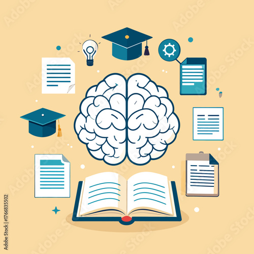 Conceptual flat vector illustration of a brain above an open book surrounded by academic icons for learning and knowledge.