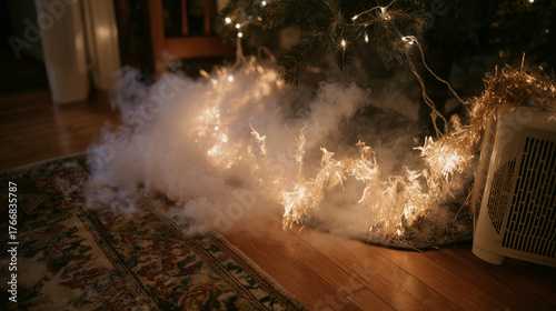Space heater base dangerously close to flammable tree skirt, edges smoldering and curling, holiday lights casting shadows on smoke, illustrating indoor fire hazard