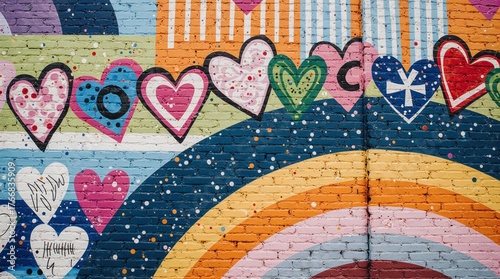 Vibrant heart and rainbow mural on brick wall