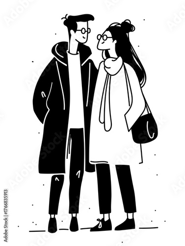 Modern illustration of a stylish couple with glasses, coats, and scarves standing close together.