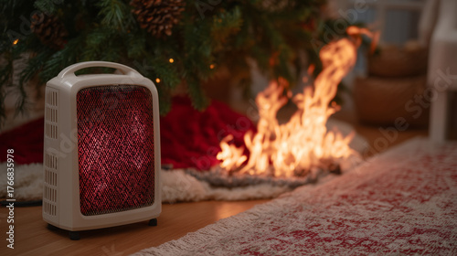 Fototapeta Naklejka Na Ścianę i Meble -  Red space heater glowing near fabric tree skirt, sparks and flames emerging, low-angle shot showing risk and tension in cozy holiday living room