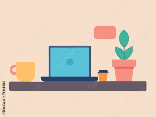 Minimalist workspace featuring laptop coffee and plant on a shelf in soft colors