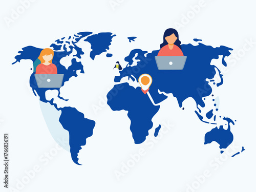 Global team collaboration with remote workers connecting across the world map