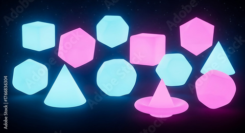A collection of glowing geometric shapes in pink and teal hues against a dark background