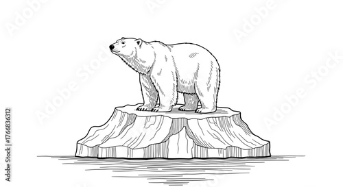 Polar bear on melting ice floe black and white illustration