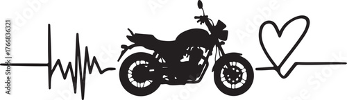 Black silhouette of motorcycle on heartbeat line with heart