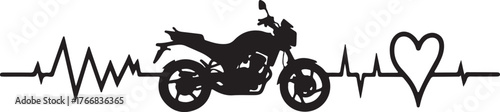 Black silhouette of motorcycle on heartbeat line with heart
