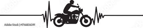 Black silhouette of motorcycle rider and heartbeat line