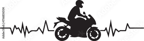 Black silhouette of motorcycle rider on heartbeat line