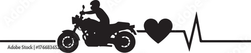 Black silhouette of motorcycle rider and heartbeat line