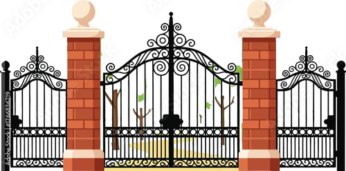 Vector art of an ornate black metal gate with brick pillars and a green background