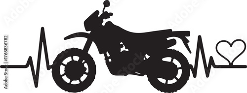 Black silhouette of motorcycle with heartbeat line and heart