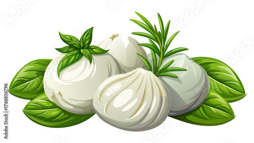 Very beautiful, fresh mozzarella balls with basil and rosemary sprigs on white background, close-up studio shot, gourmet Italian cuisine, fresh ingredients, elegant food presentation, and vibrant 