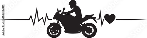 Black silhouette of motorcyclist and heartbeat line with heart