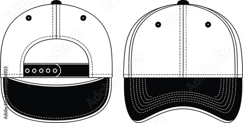 Baseball cap front and back view, adjustable strap and stitching details, headwear vector sketch, cad drawing flat vector illustration