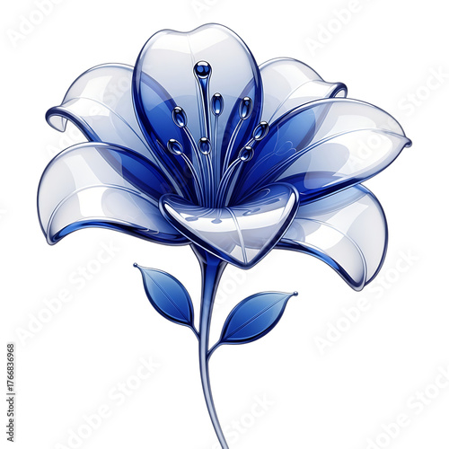 A stunning blue and clear glass lily flower with detailed petals isolated on transparent background