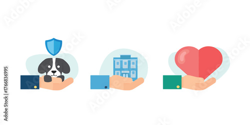 Comprehensive protection and care services for pets, homes, and personal well-being, depicted in a modern flat design style
