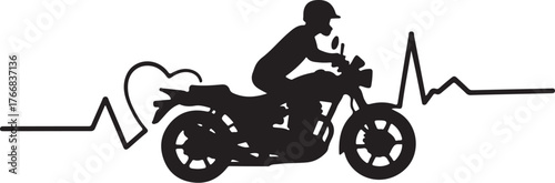Black silhouette of motorcyclist on motorcycle with heartbeat line 1