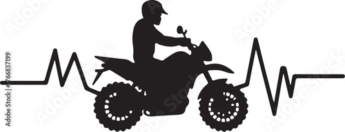Black silhouette of motorcyclist on motorcycle with heartbeat line