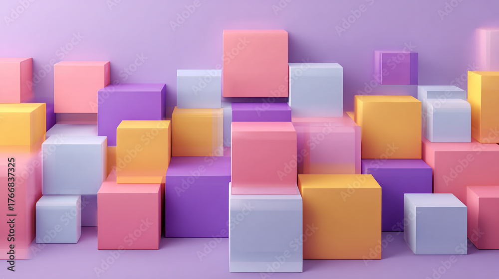 Obraz premium A dense, isometric arrangement of translucent cubes and blocks glowing with a vibrant, iridescent holographic mix of pink, yellow, green, and cyan colors.