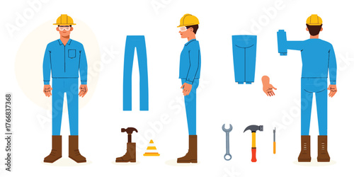 Male Constructor Character Animation Set with Various Views and Tools