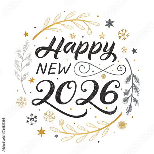 Happy New Year 2026 Greeting Card Design. Festive Wreath Illustration with Hand Lettering for Celebrations. on transparent background