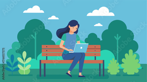 A young woman sits on a park bench her laptop open in front of her as she types away on a freelance writing assignment.. Vector illustration
