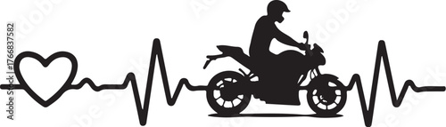 Motorcycle rider silhouette on heartbeat line with heart