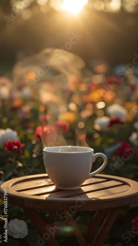 Warm morning drink with rising steam in flower garden soft sunlight HDR