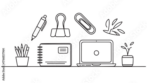 Minimalist office supplies line art simple illustration of desk objects for web design isolated on white background
