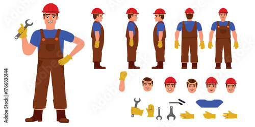 Builder Character in Multiple Poses Holding a Wrench Vector Illustration