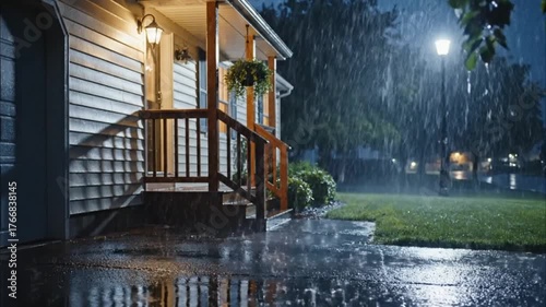 Cinematic HDR night video of gentle rain falling on a suburban house, reflections on wet pavement, soft wind and warm window glow creating a peaceful mood.