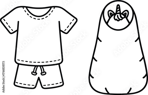 Casual kids t-shirt and shorts with swaddled baby in unicorn hat, children fashion sketch, cad drawing flat vector illustration