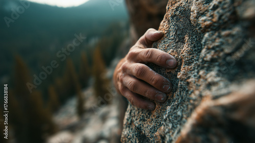 Close-up of a climber's hand, symbolizing determination and focus while ascending to the mountain summit.