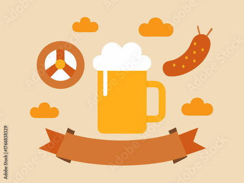 Oktoberfest celebration with beer stein pretzel and banner on a beige background