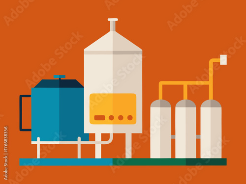 Industrial brewing equipment illustration on a vibrant orange colored background
