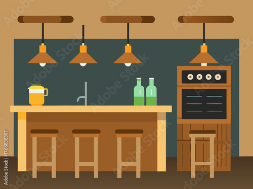 Illustration of a cozy bar interior with stools and drink menu board design