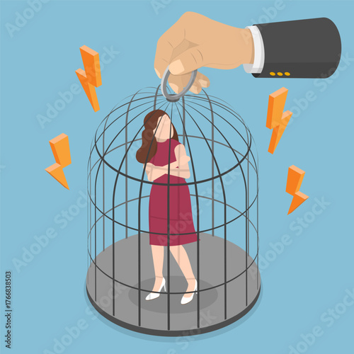 3D Isometric Flat Vector Illustration of Girl In Birdcage, Man Dominates Relationship By Locking Unhappy Woman In Birdcage