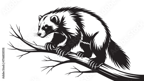 Wolverine illustration on a branch design in black and white wildlife animal for print or web