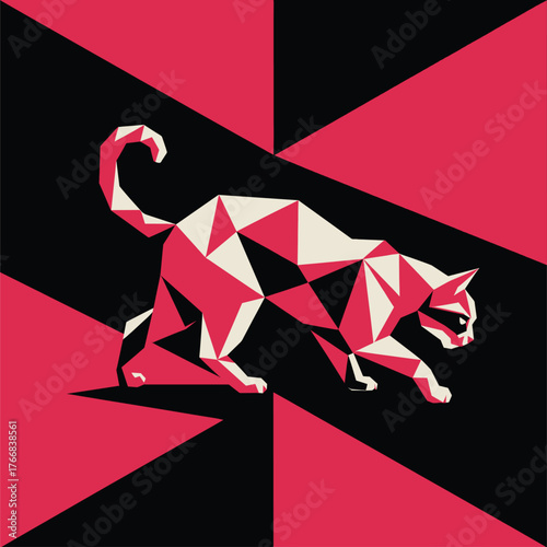 Geometric cat stalking on abstract background animal