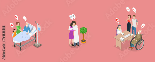 3D Isometric Flat Vector Illustration of Palliative Care, Elderly Caregiving