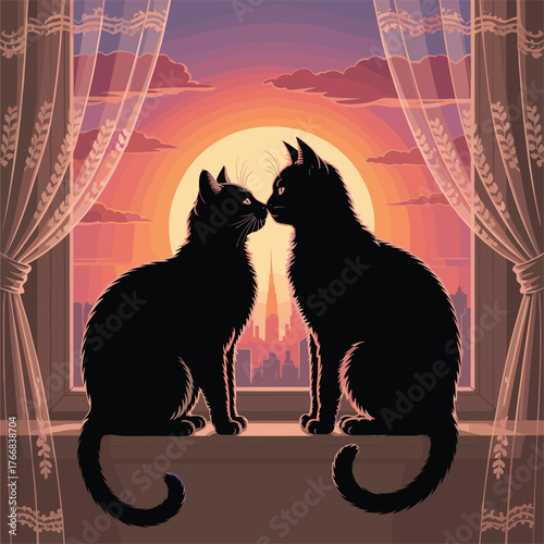 Two black cats nuzzle on windowsill at sunset cityscape