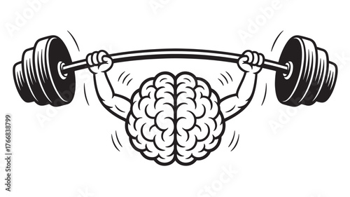 Brain lifting a barbell strong mind illustration for mental strength and cognitive fitness concepts