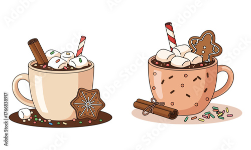 Cozy Hot Chocolate Vector Illustration – Marshmallows, Cinnamon, and Gingerbread Holiday Drink Art