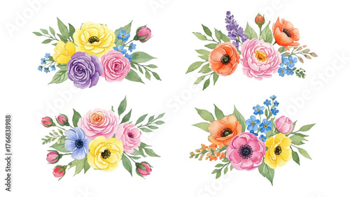 Vibrant watercolor floral bouquets in a set, perfect for various creative designs and projects