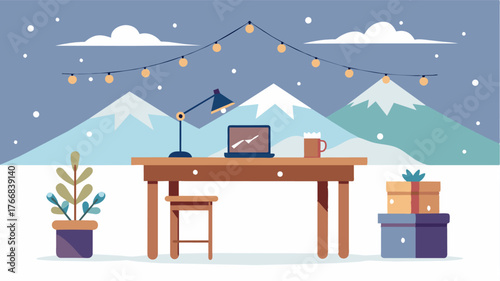 A wooden desk adorned with ling fairy lights creating a peaceful and inspiring work environment in the midst of a snowy landscape.. Vector illustration