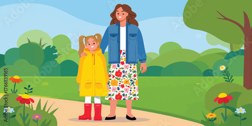 A Mother and Daughter in a Flower Garden Enjoying a Day Out Together