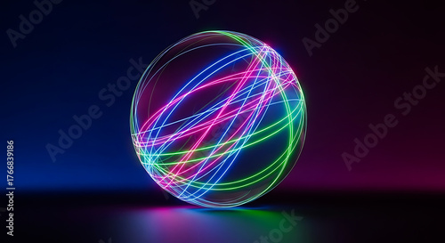 Abstract glowing sphere with swirling colorful neon light trails on a dark background representing energy and technology